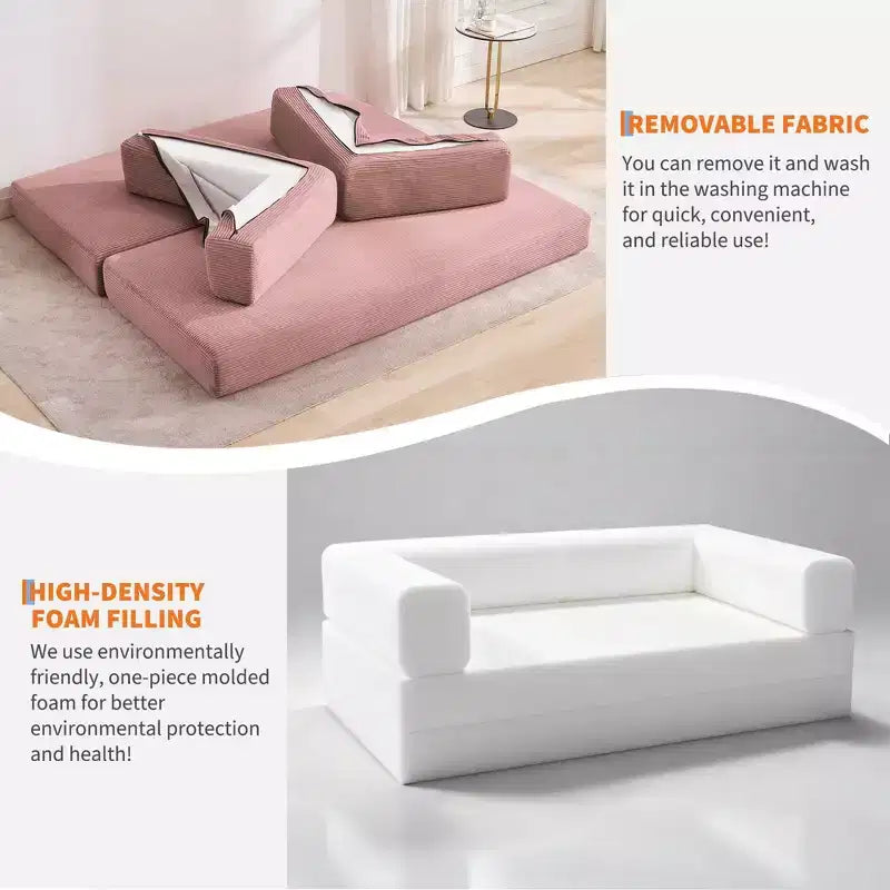 Modern 79 Corduroy Futon Sofa Bed for Small Spaces, 5-in-1 Convertible Sleeper Couch with Removable Armrests & Pillows