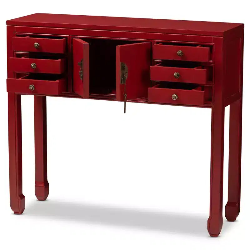 Table console Melodie à 6 tiroirs rouge - Baxton Studio : Inspiration antique, bois de bayur, poignées en bronze