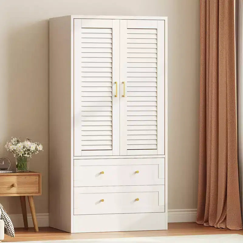 Armoire à persiennes GustoWave 65, Placard en bois avec 2 portes et 2 tiroirs, Rangement avec tringle à suspendre pour chambre à coucher