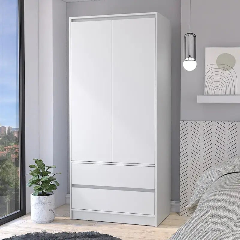20.47  Modern Double-door Armoire with Hanging Rod and Two Drawers for Bedroom