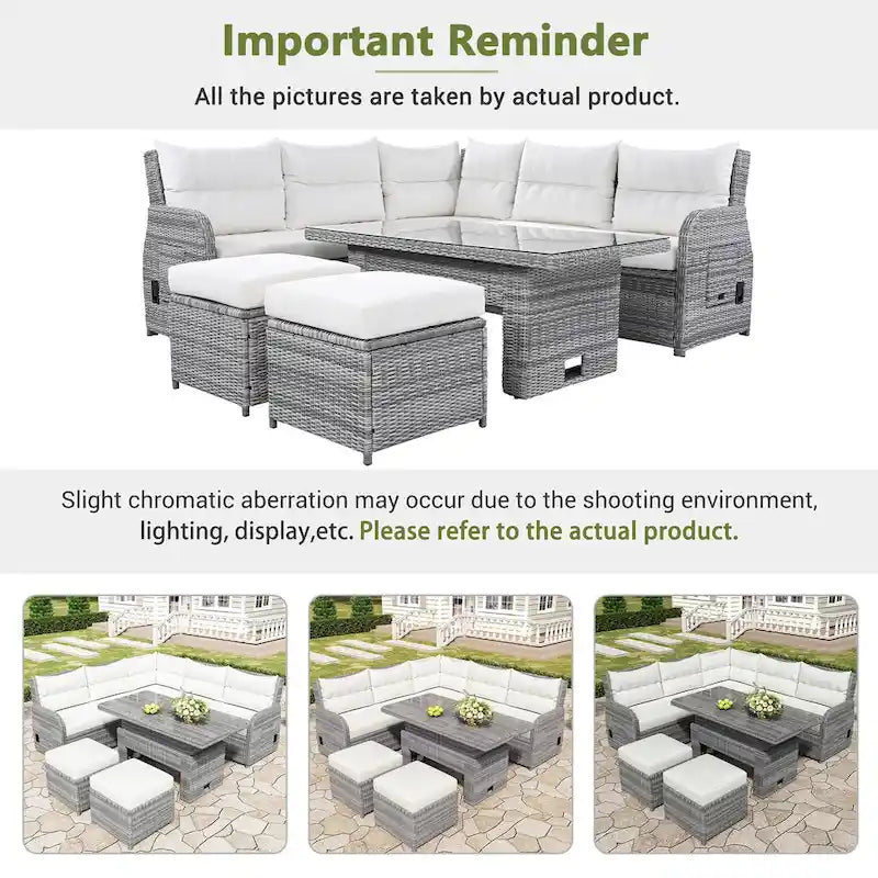 Outdoor Rattan Sectional Sofa Set with Adjustable Table & Recliners