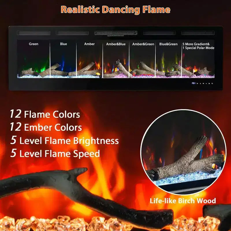 Coolmee 80 Inch Electric Fireplace, Recessed and Wall-Mounted, Smart WiFi Alexa Voice Control, 3D Flame Effect, 12 Color Options, 750W/1500W