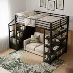 Queen Size Metal Loft Bed with Storage Shelves, Cabinets and Wardrobe