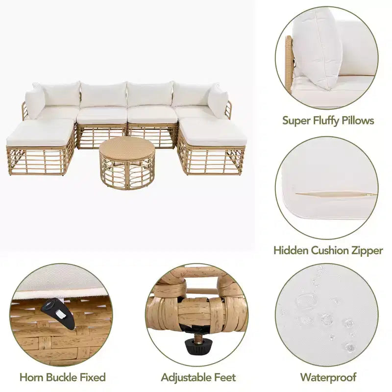 Whisen Weather-Resistant Rattan Outdoor Sectional Sofa Set Patio Couch Set with Thick Cushions and Pillows, Freely Combined Conversation Sets