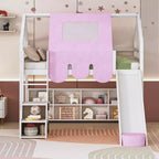 Lit mezzanine bas pour enfants avec toboggan et étagères de rangement, cadre de lit mezzanine en bois avec tente et escaliers