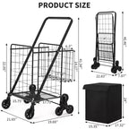 Heavy Duty Stair Climbing Shopping Cart - 360 Swivel Tri-Wheels, Waterproof Liner,135LBS,Folding Carbon Steel Trolley for Laundry, Groceries