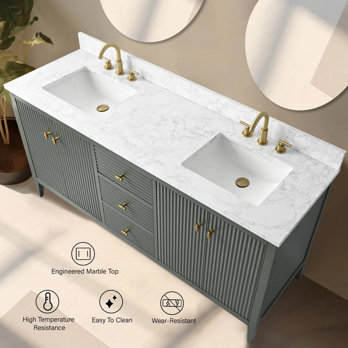 Vanity Art 72 Double Sink Bathroom Vanity Cabinet with Engineered Marble Top