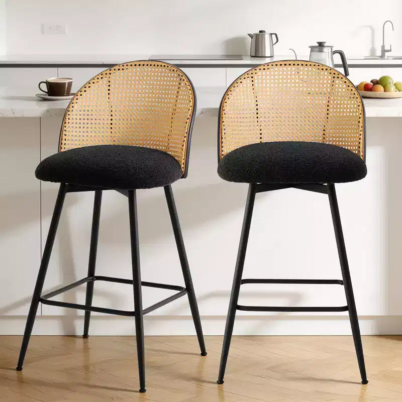 Bekrvio 26 Mid-Century Modern Swivel Bar Stools Set of 2/3/4, Boucle Upholstered Bar Chairs with Rattan Back & Metal Legs for Kitchen Counter