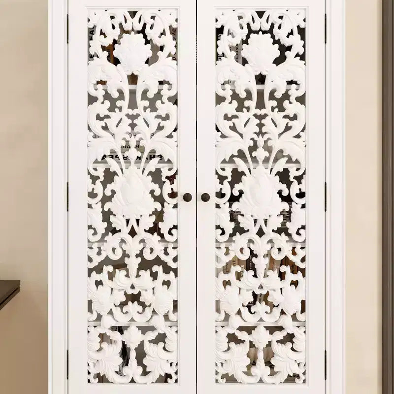 Famapy White Bookcase with Classic Aesthetics:Ornate Hollow Relief Doors & Versatile Storage