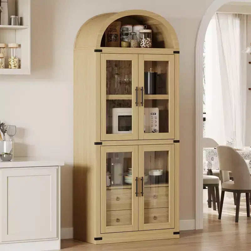 GustoWave 71.4 Tall Arched Bookcase with 4 Doors and 2 Drawers, 15.8 Depth Display Cabinet Storage Shelves ,Wooden Bookshelf