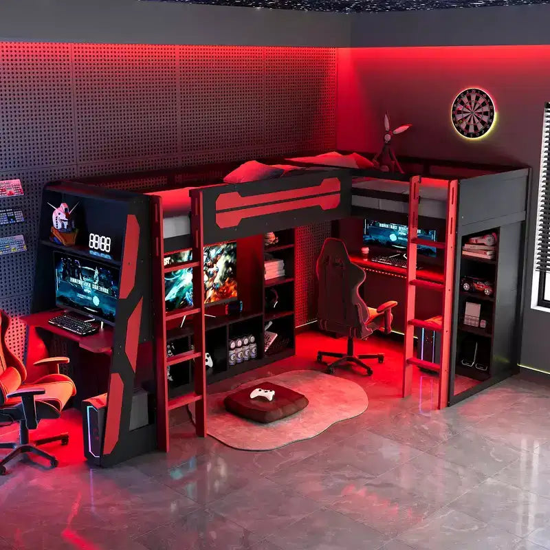 L-Shaped Gaming Loft Bed with Desks, Double Twin Loft Beds with LED Lights, USB Ports, Storage Bookshelves, Wood Corner Loft Bed for 2