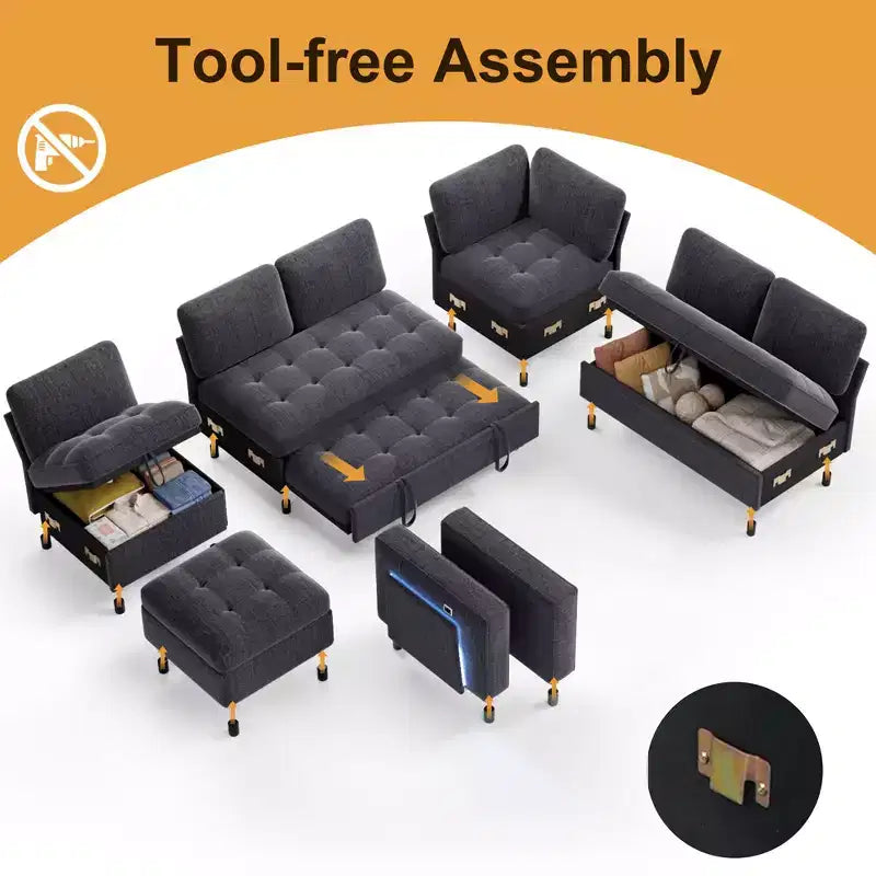 Dyonery 7-seater reclining sofa, modular sofa, side table with hidden storage, rechargeable