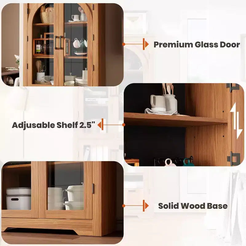 70 Tall Kitchen Pantry Cabinet, Modern Display Cabinet with 4 Arched Glass Doors and Adjustable Shelves, for Kitchen, Living Room, Dining, Bathroom