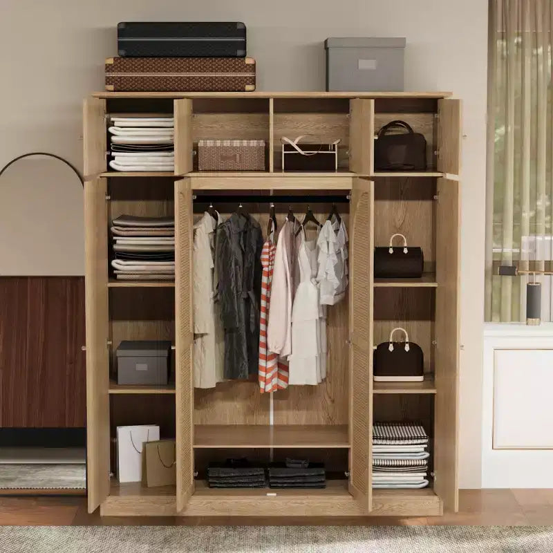70.87Tall 8-Door Large Capacity Armoire Wardrobe Closet with Hanging Rod, Adjustable Shelves and Rattan Decorative Doors