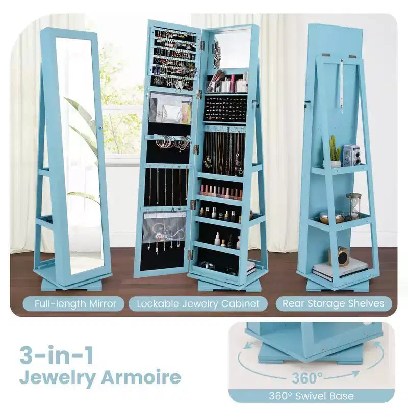 Costway Armoire à bijoux rotative à 360° 2-en-1 Organiseur miroir verrouillable Blanc/Noir/Marron foncé/Gris/Bleu/Rose/Violet/Gris foncé