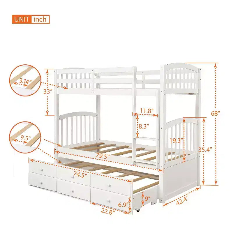 Lit superposé double avec échelle, barrière de sécurité, lit gigogne double avec 3 tiroirs pour chambre d'adolescent, meubles de chambre d'amis