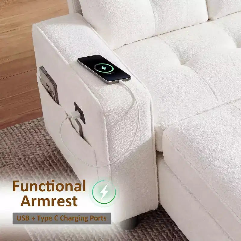 Canapé-lit convertible, canapé-lit en forme de L de 81 po avec méridienne de rangement réversible/port USB/poche latérale/assemblage sans outils, velours côtelé beige