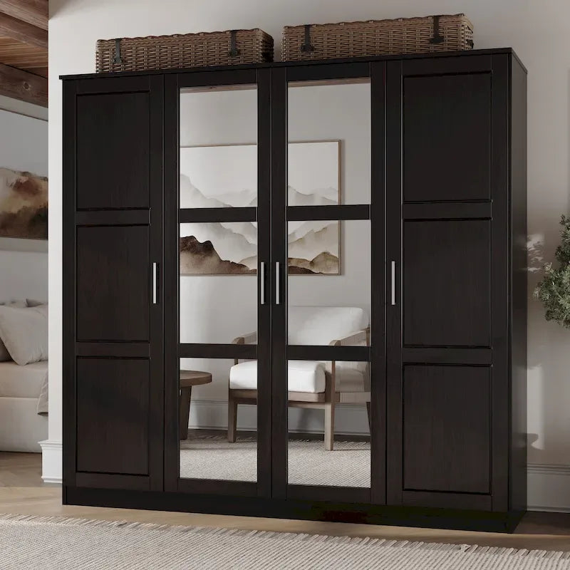 100% Solid Wood  4-Door Wardrobe with Solid Wood or Mirrored Doors