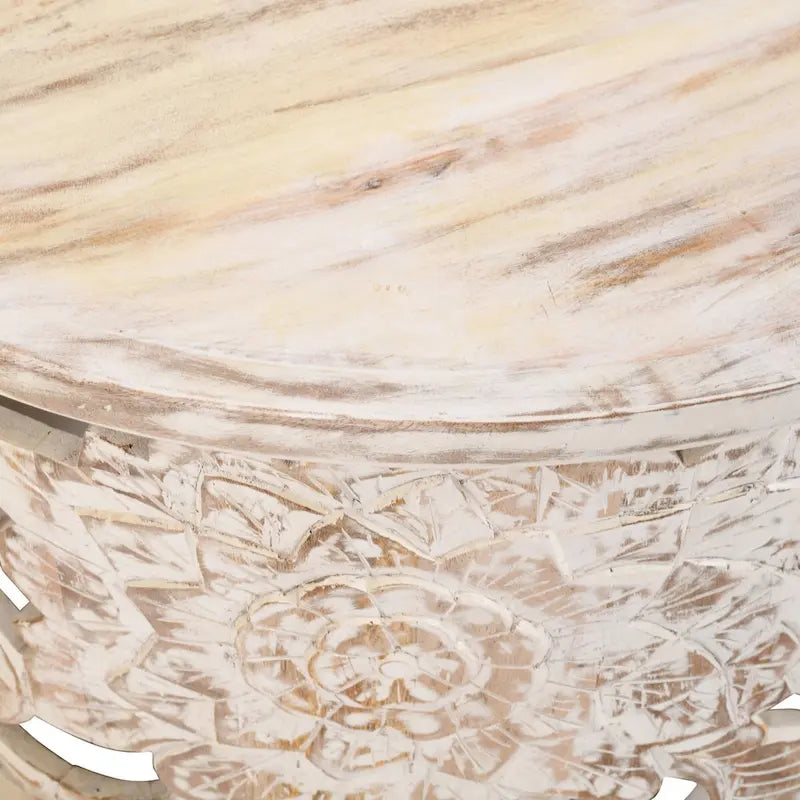 Alina Coffee Table Handcrafted Mango Wood Floral Carved Cut Out Design Distressed White Finish 33 Inch