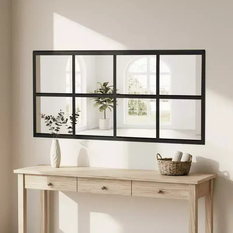 JIONJOY Minimalist Black Metal Framed Wall Mirror, Window-Style Accent Mirror, Shatterproof Entryway Mirror