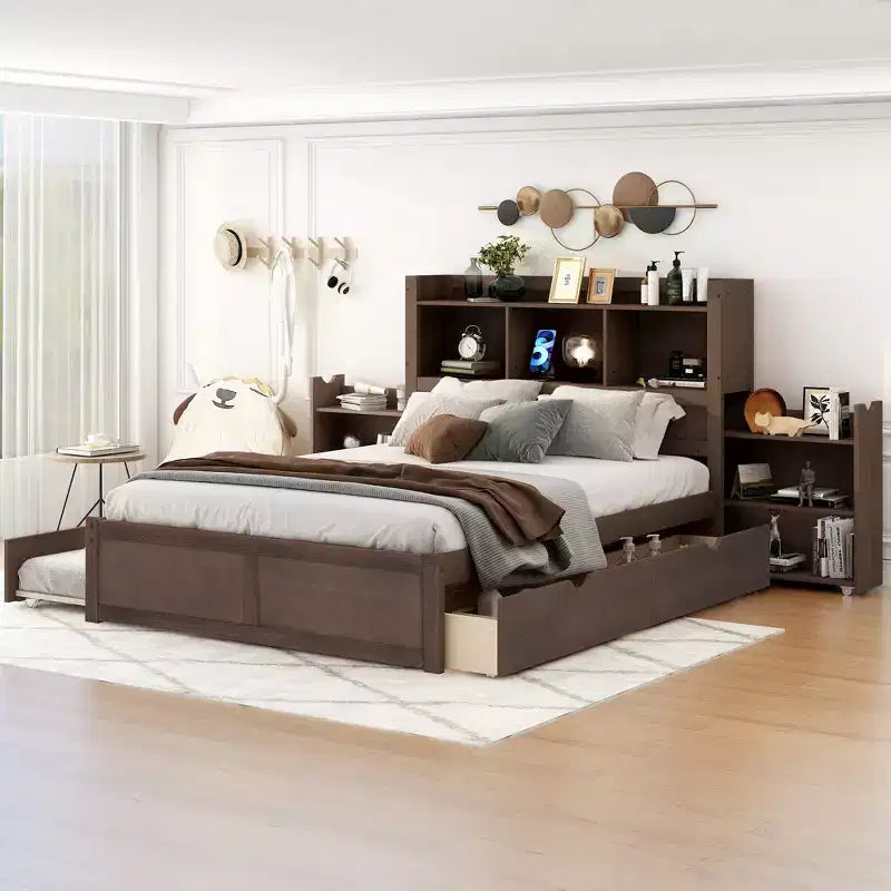Full Storage Platform Bed with Trundle, Bookcase Headboard and Charging Station, Wooden Full Size Bed Frame with Shelves and Drawers