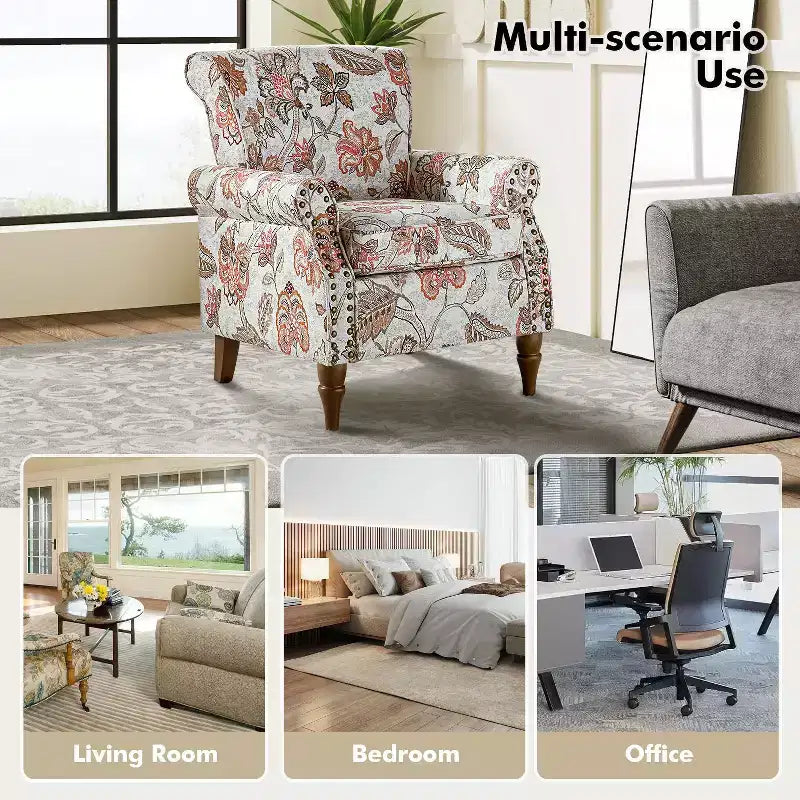 Araceli Traditional Wooden Upholstered Floral Armchair with Wingback and Nailhead Trim| ART OF LIVING DESIGNS