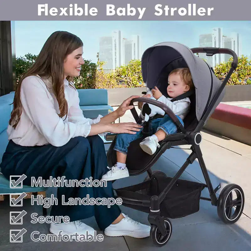Baby Stroller, Foldable Stroller - High Landscape Pushchair for Newborn & Toddler, Convertible Pram with Reversible Backrest