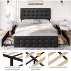 Storage Bed Frame with 4 Drawers & Adjustable Headboard - Upholstered Platform Bed