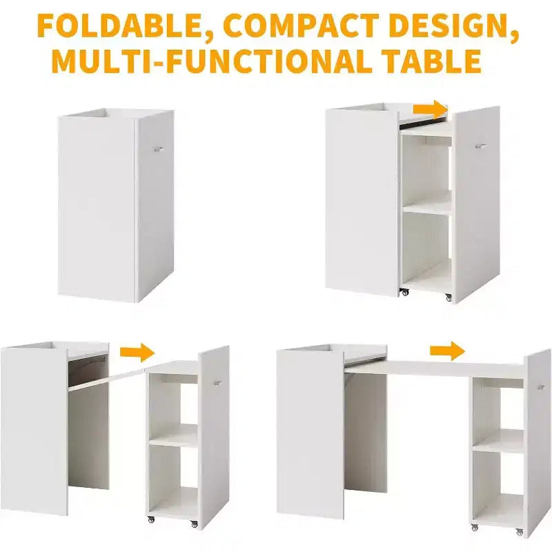 50 Folding Table with Storage Cabinet & Wheels, Extendable Drop Leaf Desk for Kitchen, Home Office and Bedroom