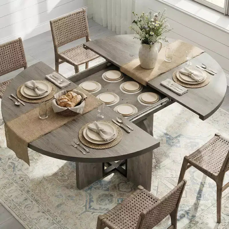 47-63 Extendable Round Dining Table for 4-8, Farmhouse Wood Expandable Kitchen Table with Metal Frame, Oval Space Saving for Apartment, Retro Gray