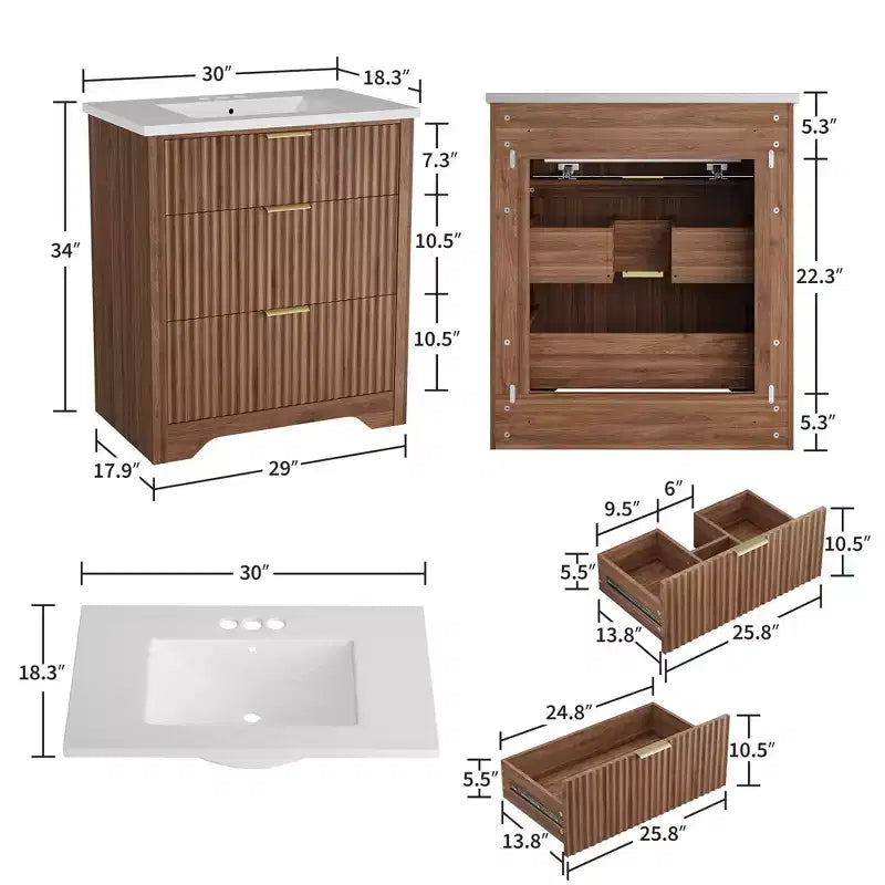 Modern Fluted Bathroom Vanity Set with Integrated Ceramic Basin Freestanding Bathroom Storage Vanity Cabinet with 3 Drawers for Contemporary Bathroom