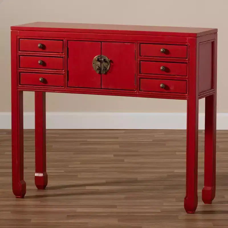 Table console Melodie à 6 tiroirs rouge - Baxton Studio : Inspiration antique, bois de bayur, poignées en bronze