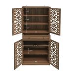 Meuble de rangement haut Okak avec 4 portes en rotin/sculptées, meuble de rangement avec 1 tiroir et 4 étagères intérieures réglables, meuble d'appoint pour salon, chambre à coucher