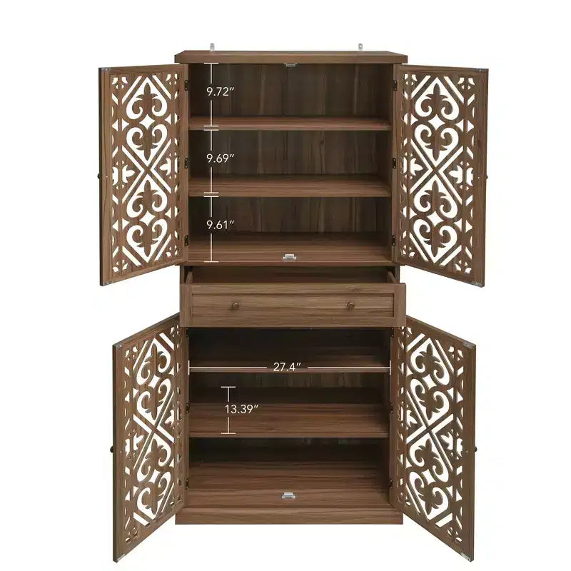 Meuble de rangement haut Okak avec 4 portes en rotin/sculptées, meuble de rangement avec 1 tiroir et 4 étagères intérieures réglables, meuble d'appoint pour salon, chambre à coucher