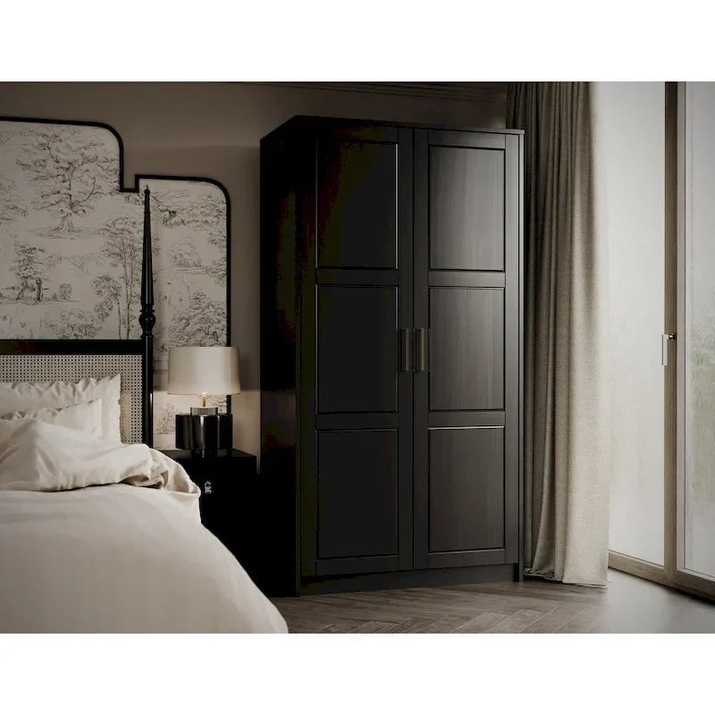 100% Solid Wood 2-Door Urban Wardrobe Armoire with Solid and Mirrored Doors