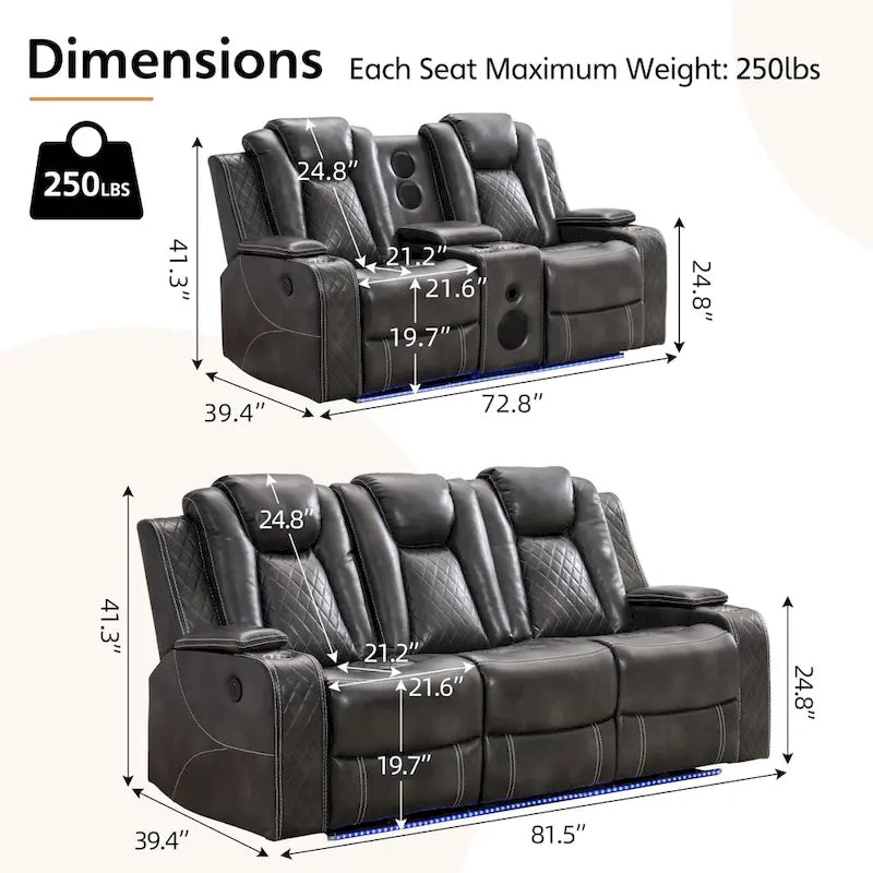 Power Reclining Sofa with Wireless Charger,Reading Light for Living Room,Faux Leather LED Light,AC/USB Port,Cup Holder,Black