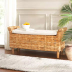 Upholstered Bench with Mango Wood and Rattan Frame, White and Brown