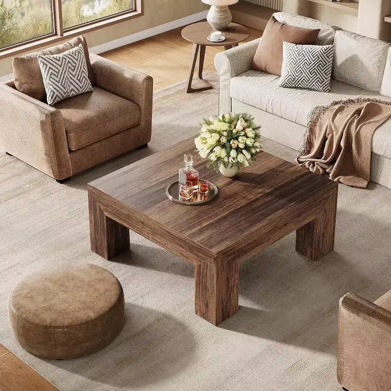 Table basse carrée Lantine de 99 cm pour salon, table basse d'appoint style ferme avec pieds en bois robustes, montage facile