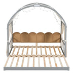 Solid Wood Playhouse Platform Bed Floor Montessori Bed Frame with Arched Roof and Trundle for Girls and Boys
