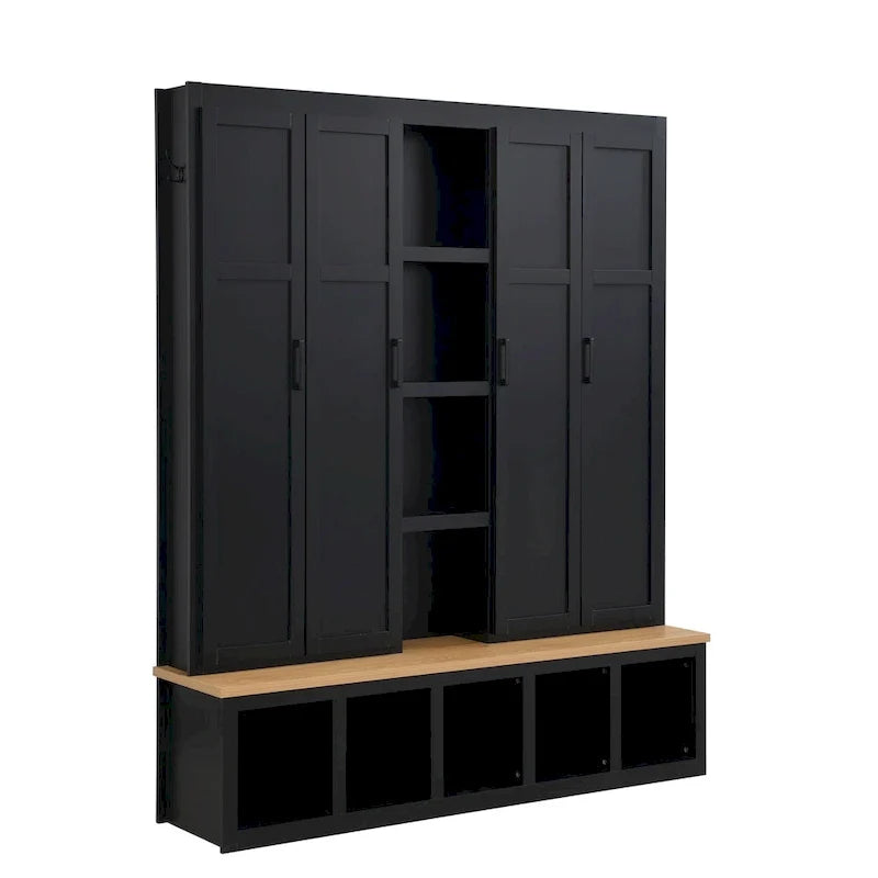 Black / White / Blue Farmhouse Hall Tree with Shoe Cabinet, Bench, Hooks and Open Shelves for 1窶・ Person