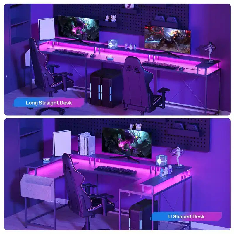COZONY 78 U/L Shaped Gaming Desk, Reversible Computer Desk with Power Outlets, LED Lights, Monitor Stand & Storage Shelf, Corner Desk for Home Office