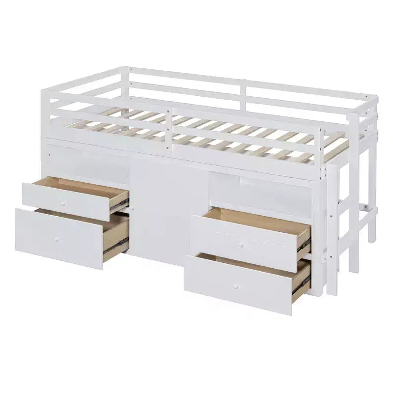 Luxystar Modern Twin Low Loft Bed with 4 Drawers, Cabinet and Shelves for Bedroom,