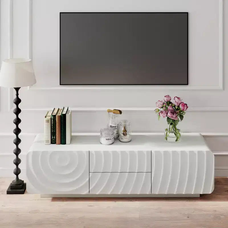58 TV Stand with Storage Cabinet, Spiral Wave Design TV Entertainment Center with 2 Drawers