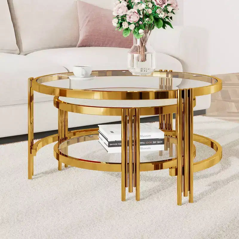Whisen Modern 2 - Pièces Finition Or avec Verre Texturé Table Basse, Tables Basses Gigognes en Verre Trempé - Transparent & Doré