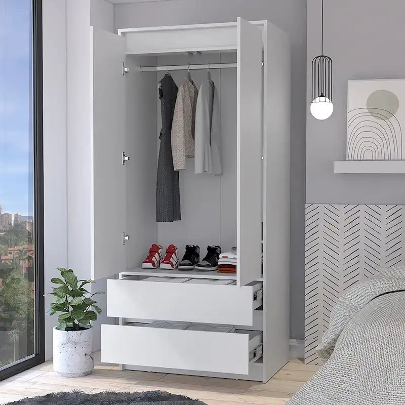 20.47  Modern Double-door Armoire with Hanging Rod and Two Drawers for Bedroom