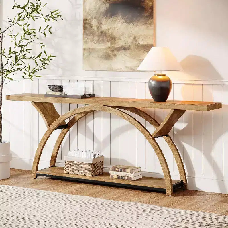70.87 Industrial Console Sofa Table with 2-Tier Storage Shelves, Light Brown