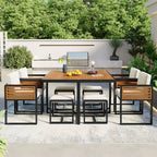 GDFStudio Donald Patio 9-Piece Acacia Wood Dining Set with Square Table, 4 Cushioned Chairs and 4 Stools