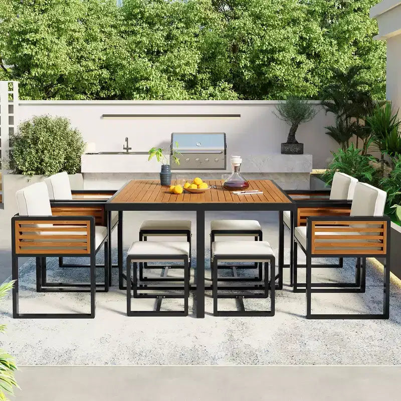 GDFStudio Donald Patio 9-Piece Acacia Wood Dining Set with Square Table, 4 Cushioned Chairs and 4 Stools