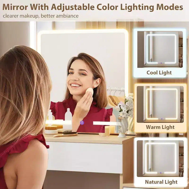 DobleePy Modern Vanity Desk with Sliding Mirror & LED Lights, 4 Drawers, 7 Shelves, Charging Station & Stool, Makeup Dressing Table for Bedroom