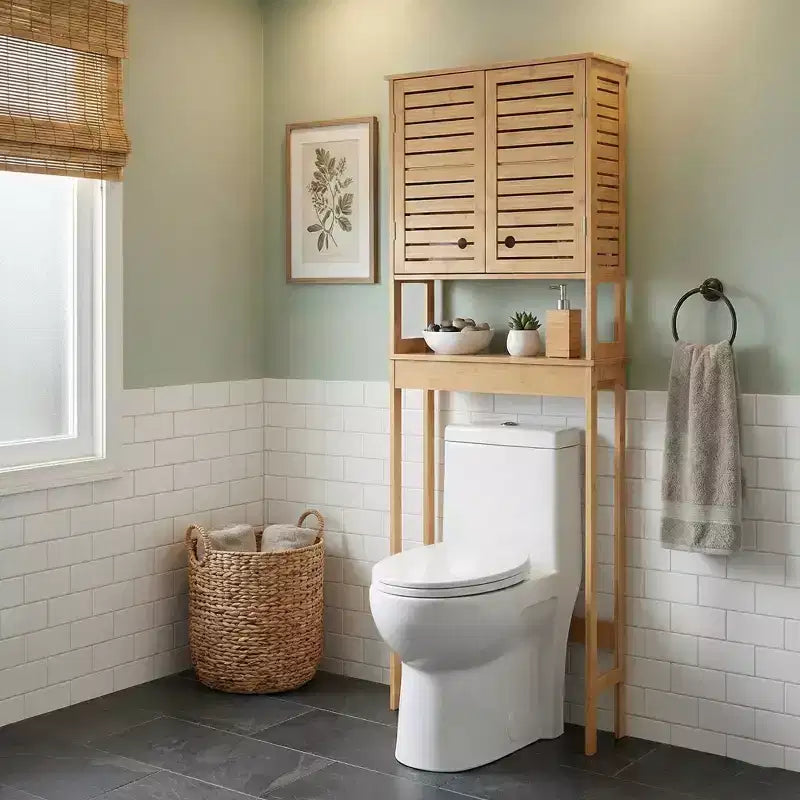 Evideco French Home Goods Over The Toilet Storage Cabinet with Double Vented Doors and Open Shelf, Natural - Trinidad Collection